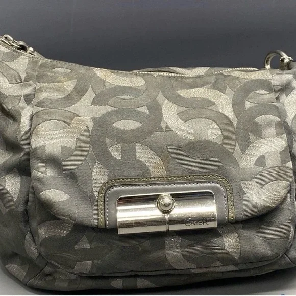 Coach Signature Op Art Hobo Shoulder Bag Grey Silver Metallic Fabric Leather - Picture 2 of 7